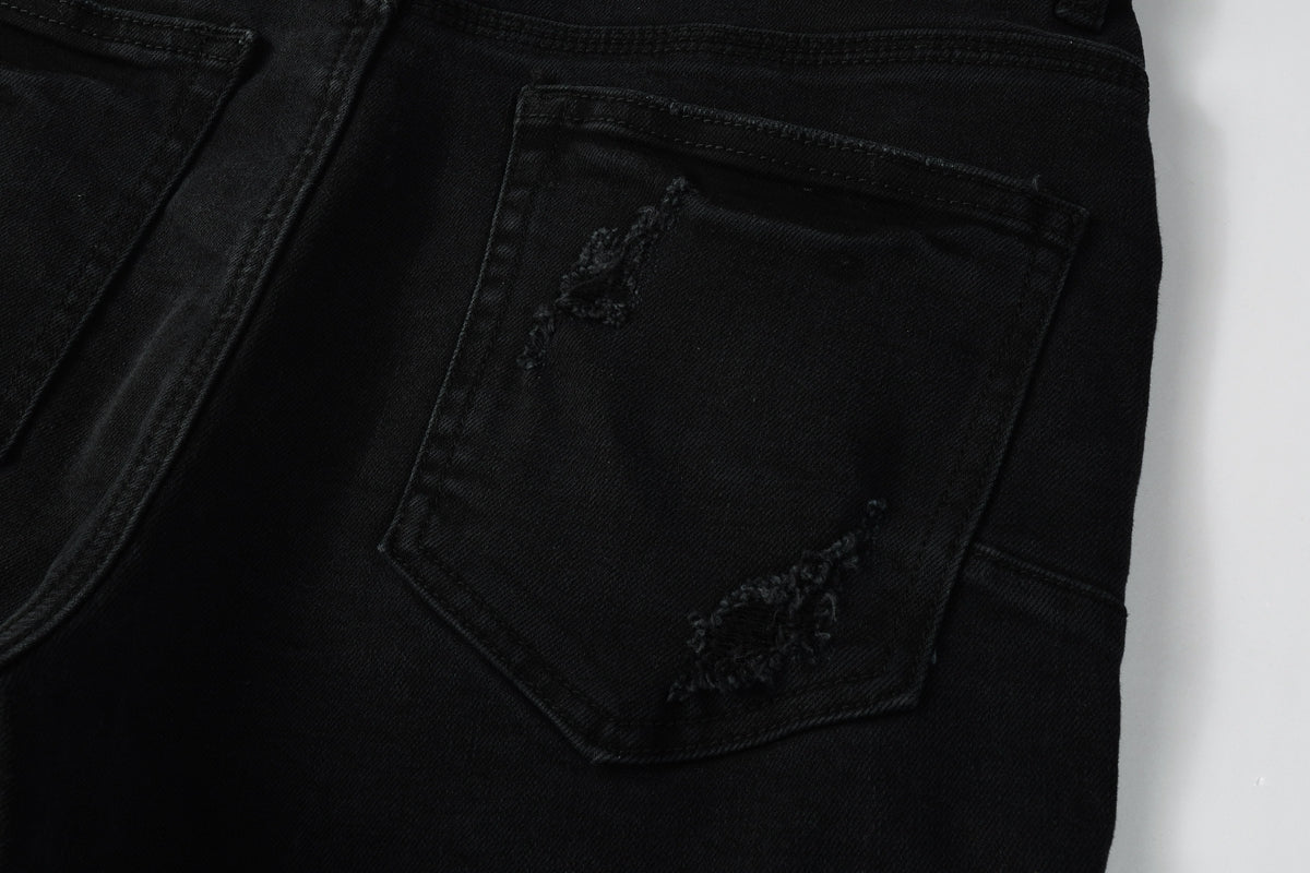 Men Streetwear Black Denim Shorts with Distressed Ripped Details and Raw Hem 5108