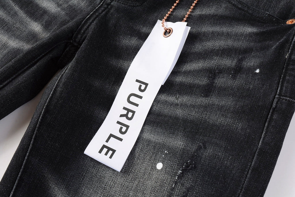 Men Streetwear Skinny Jeans Black - Gray Fade Wash with White Paint Specks 9027
