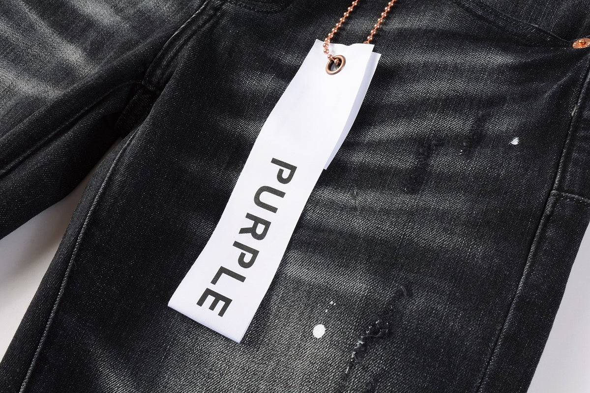 Men Streetwear Skinny Jeans Black - Gray Fade Wash with White Paint Specks 9027