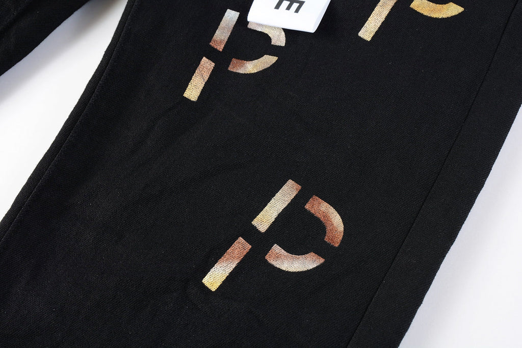 Men Streetwear Skinny Jeans Black Wash with All-Over Metallic Gold "P" Print 9008