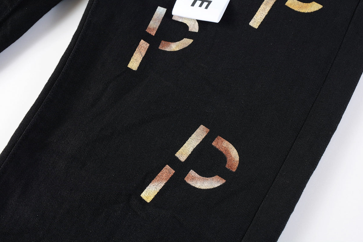 Men Streetwear Skinny Jeans Black Wash with All-Over Metallic Gold "P" Print 9008