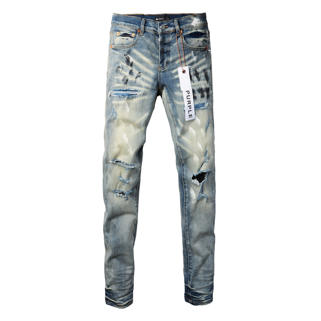 Men Classic Streetwear Jeans DistressedBlue Paint Slash Skinny 9037