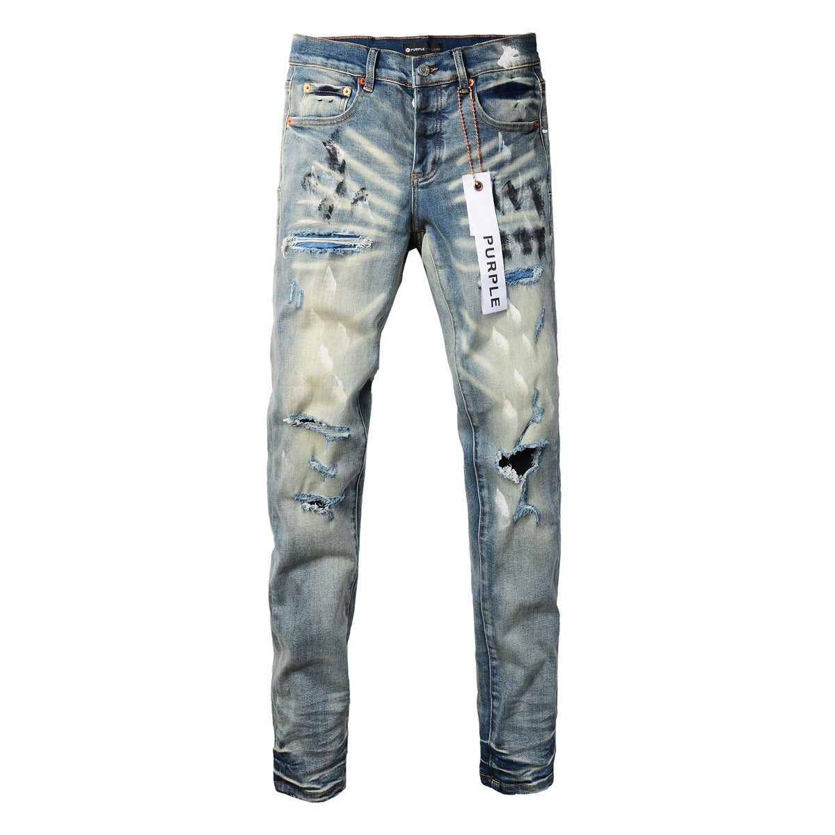 Men Classic Streetwear Jeans DistressedBlue Paint Slash Skinny 9037