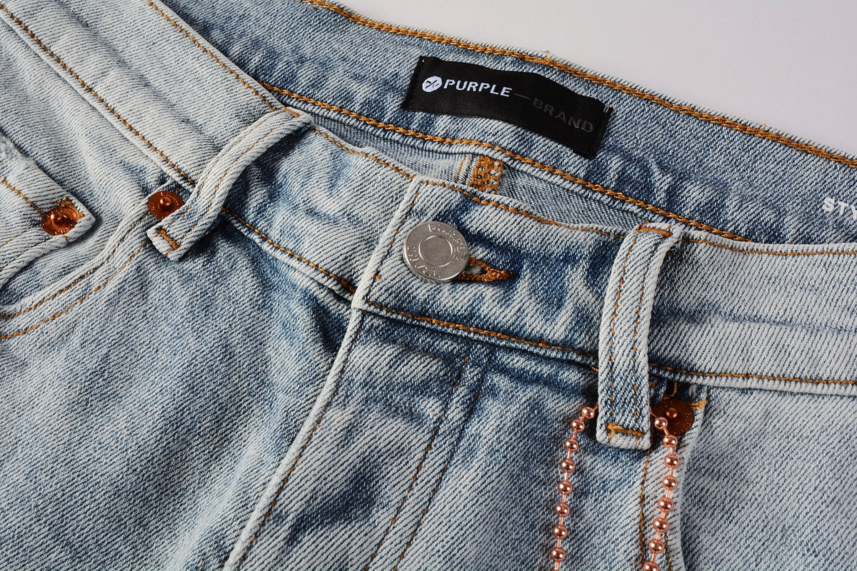Men Streetwear Skinny Jeans Light Blue Wash with Knee Ripped Details and Black Lining 9010