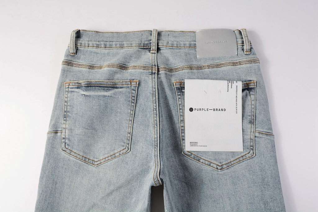 Men Streetwear Skinny Jeans Light Blue Wash with Holographic Iridescent Finish 9005