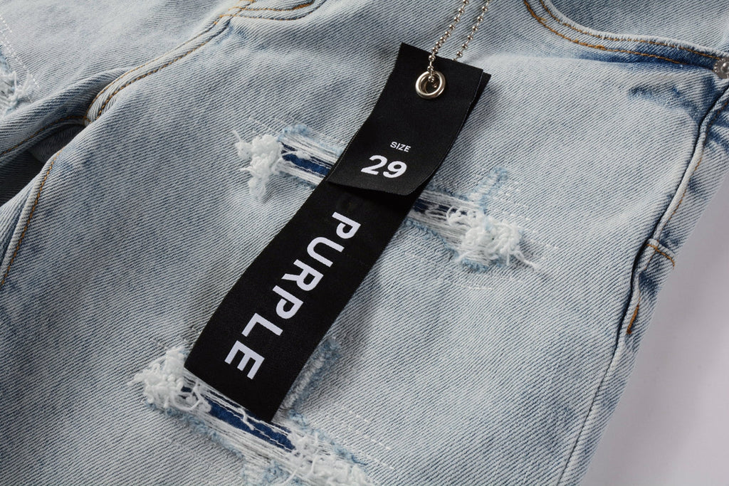 Men Streetwear Denim Shorts Light Blue Wash with Distressed Rips and Raw Hem 5088
