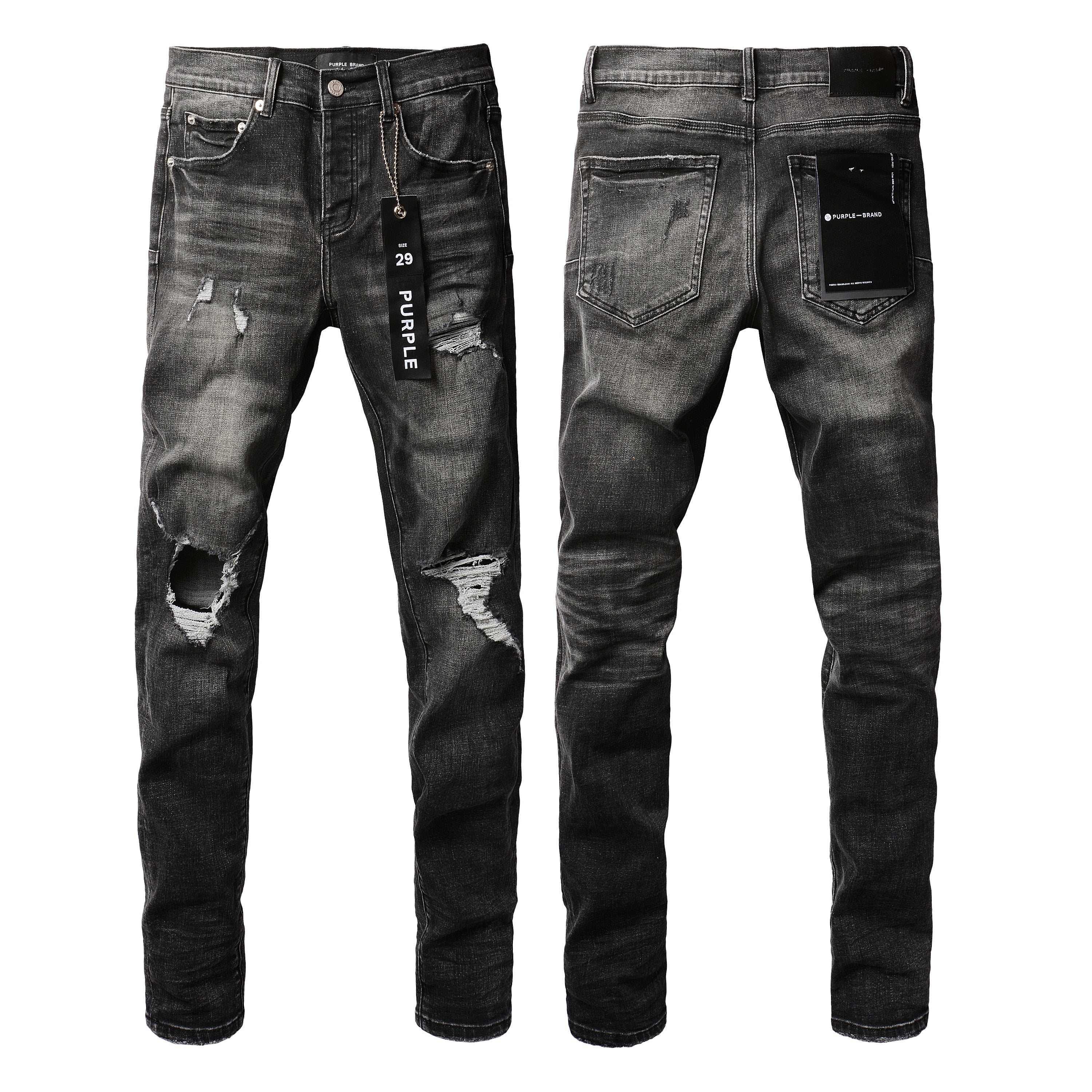Men Streetwear Skinny Jeans Dark Gray Wash with Heavy Distressed Ripped Details 9079
