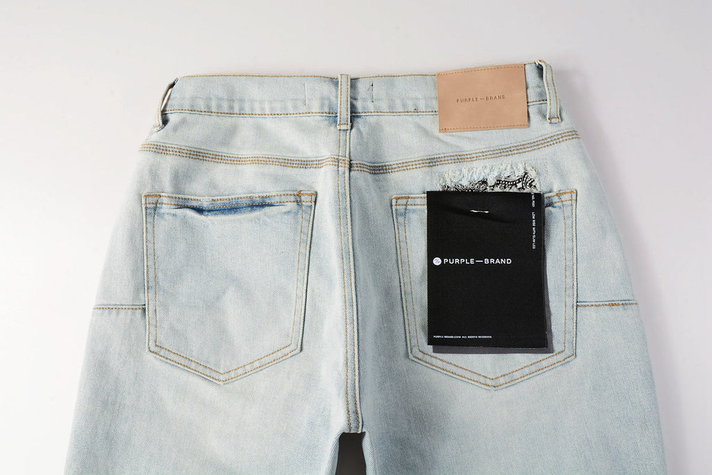 Men Streetwear Denim Shorts Light Blue Wash with Colorful Patched Rips and Raw Hem 5067