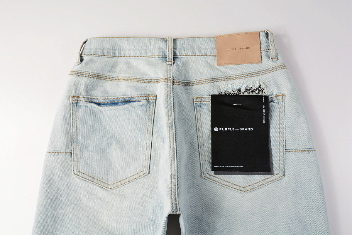 Men Streetwear Denim Shorts Light Blue Wash with Colorful Patched Rips and Raw Hem 5067