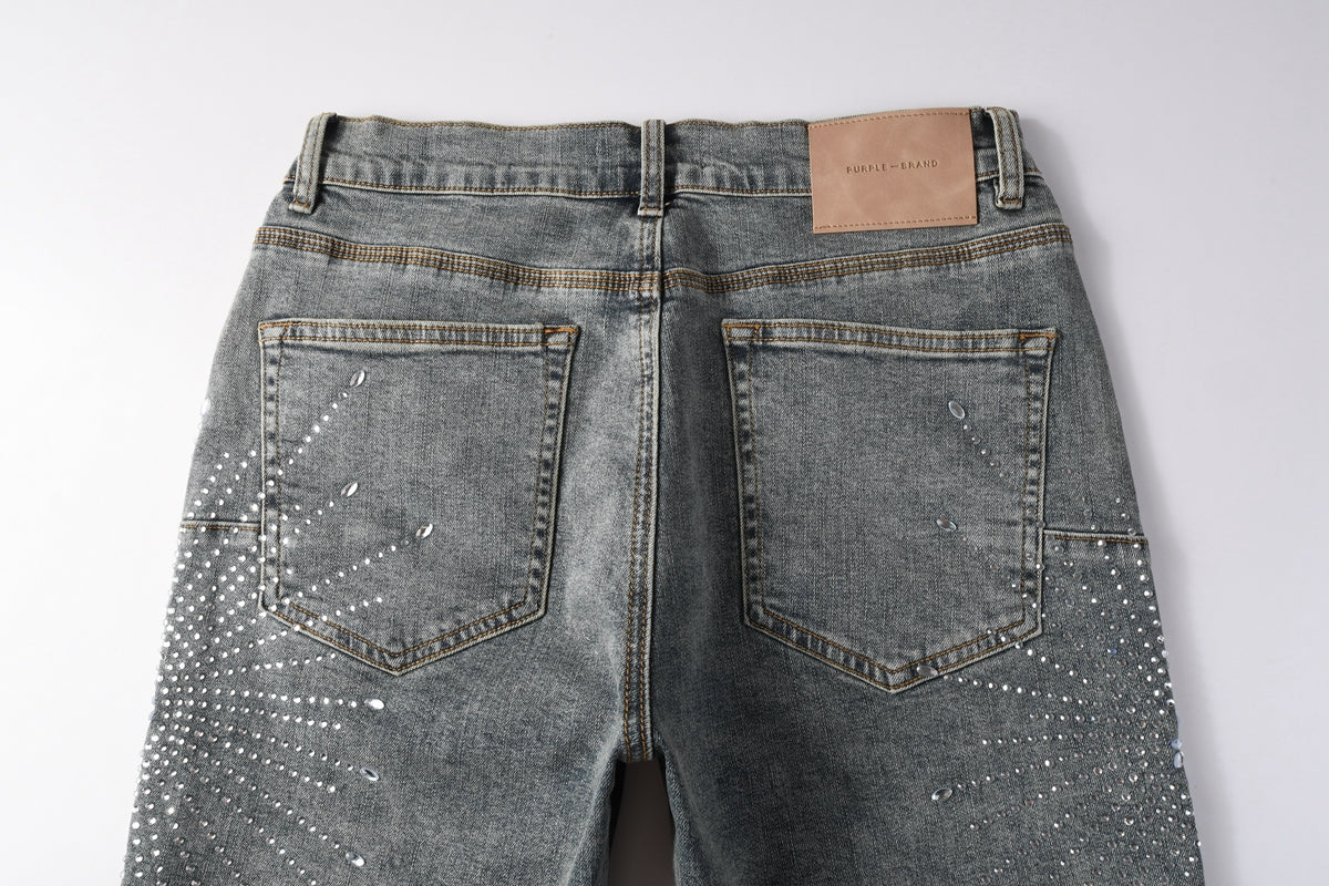 Men Streetwear Light Blue Denim Shorts with Radial White Rhinestone Designs 5093