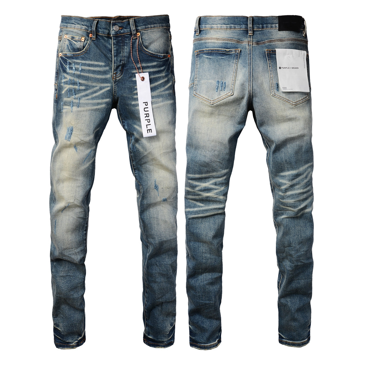 Men Streetwear Skinny Jeans Light Blue Wash with Vintage Faded Wash and Subtle Distress 9055