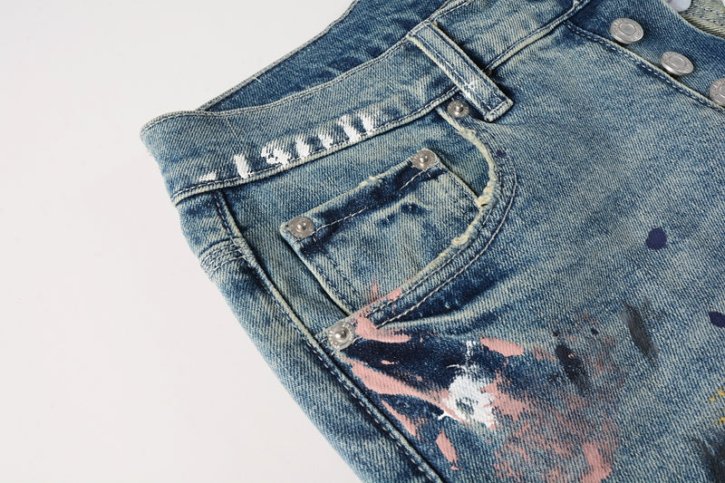 Men Streetwear Skinny Jeans Light Blue Wash with Multi-Color Paint Splatter and Distressed Rips 9072