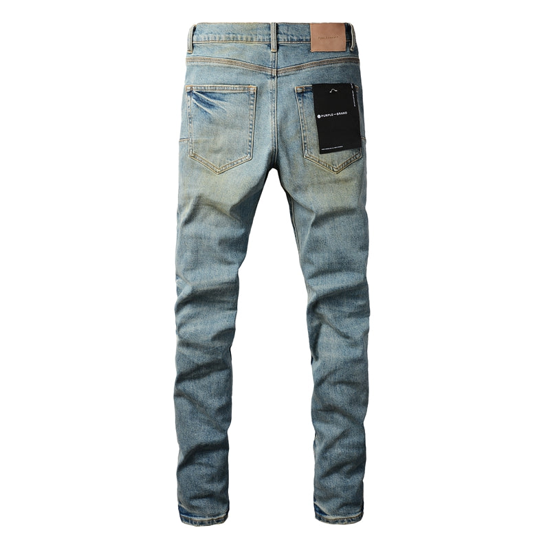Men Streetwear Skinny Jeans Light Blue Wash with Distressed Ripped Knee Details 9076