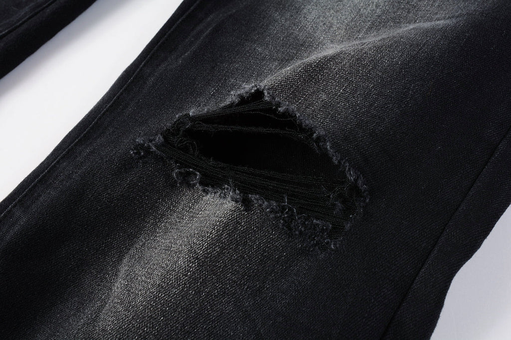 Men Streetwear Skinny Jeans Black Fade Wash with White Paint Splatter and Distressed Rips 9002