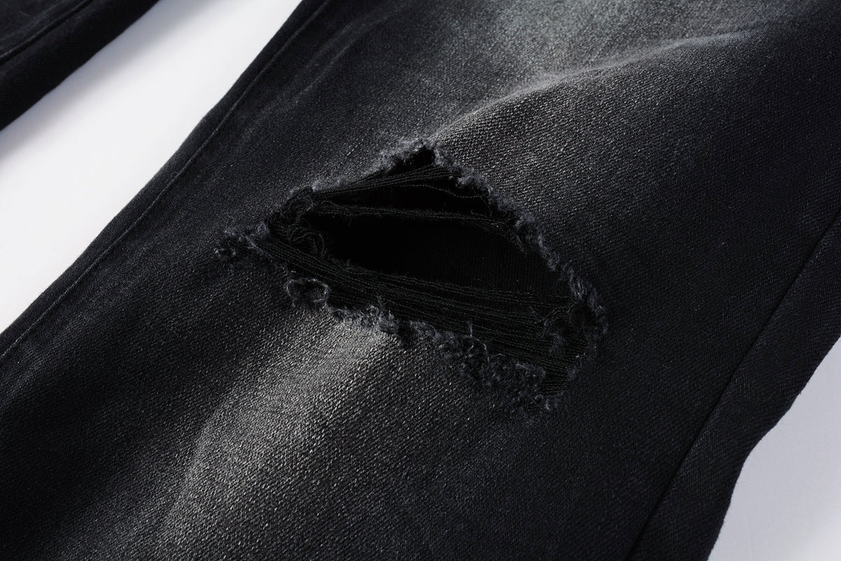 Men Streetwear Skinny Jeans Black Fade Wash with White Paint Splatter and Distressed Rips 9002