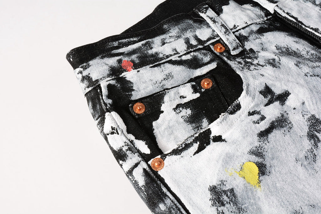 Men Streetwear Skinny Jeans Black and White Graffiti Wash with Multi - Color Paint Accents 9020