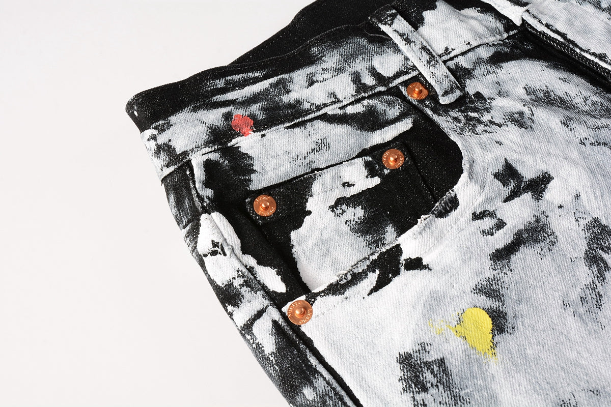 Men Streetwear Skinny Jeans Black and White Graffiti Wash with Multi - Color Paint Accents 9020
