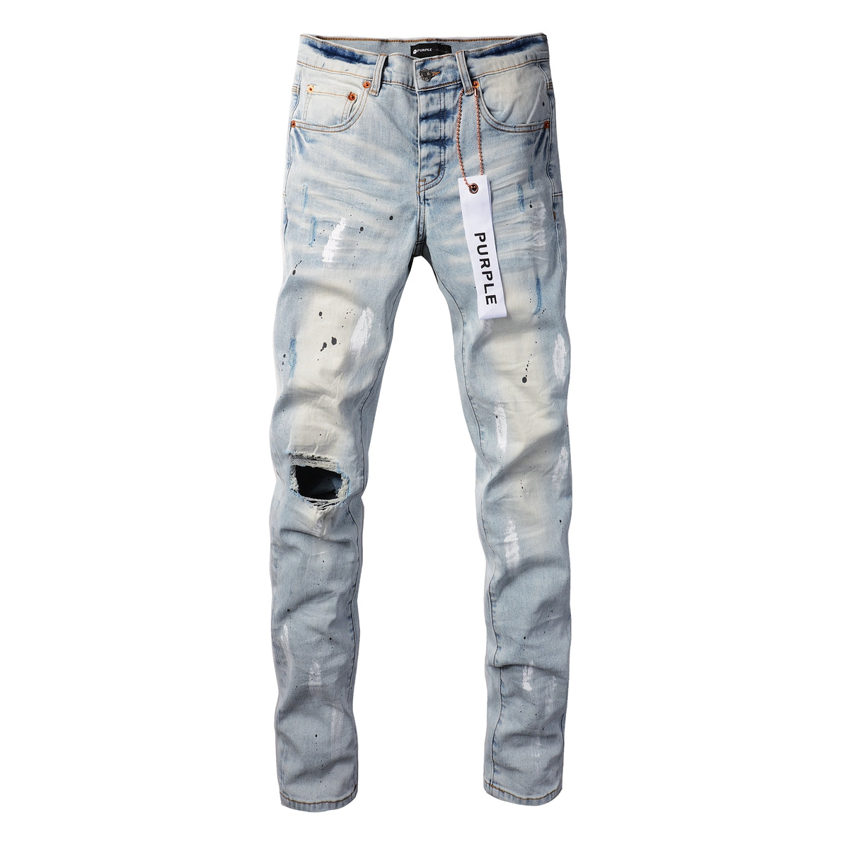 Men Streetwear Skinny Jeans Light Blue Wash with White Paint Splatter and Subtle Distress 9006