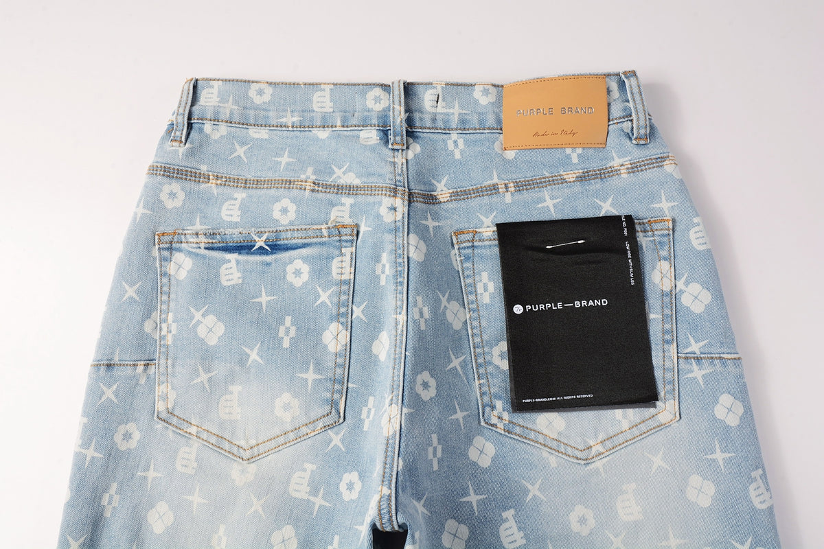 Men Streetwear Denim Shorts Light Blue Wash with White Geometric Print and Raw Hem 5089