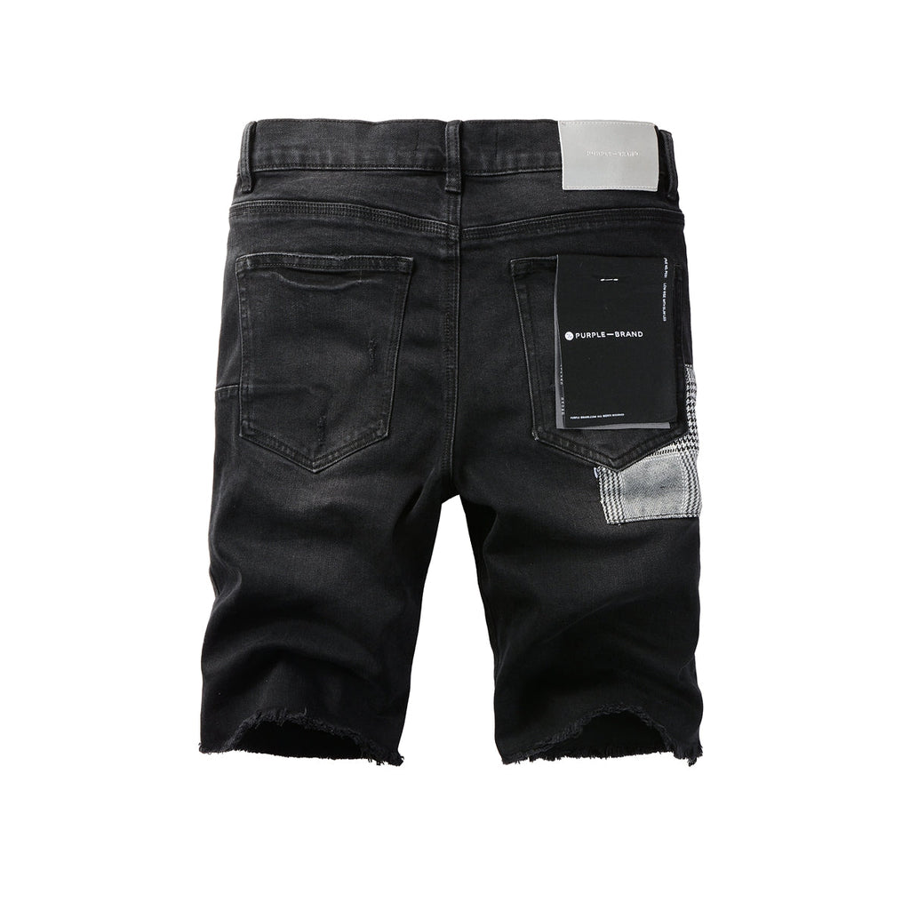 Men Streetwear Denim Shorts Black Wash with Distressed Rips and Plaid Patches 5001