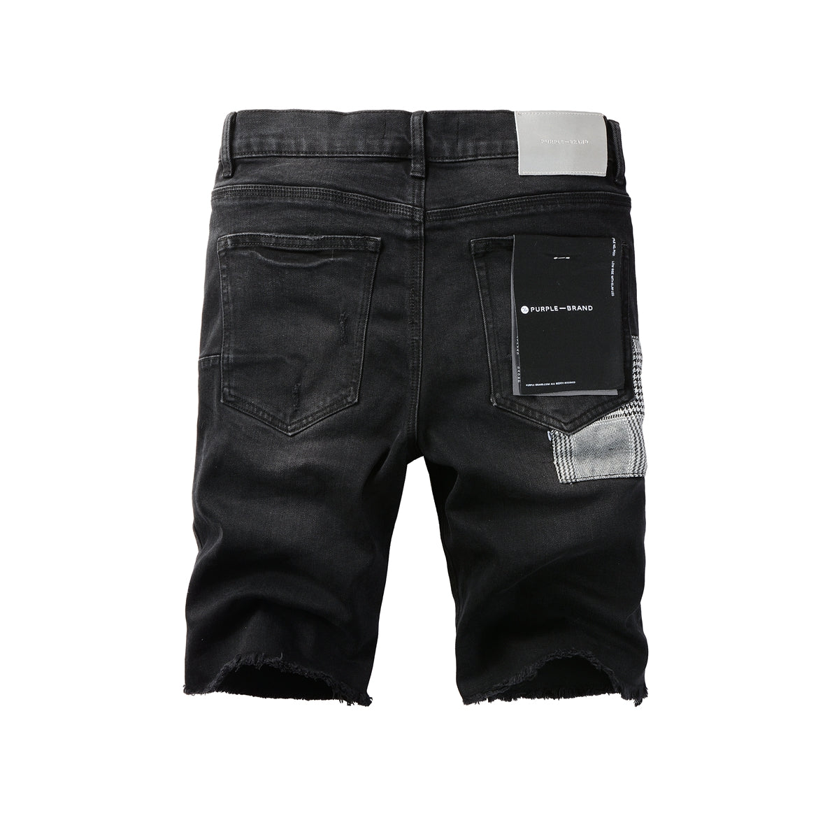 Men Streetwear Denim Shorts Black Wash with Distressed Rips and Plaid Patches 5001