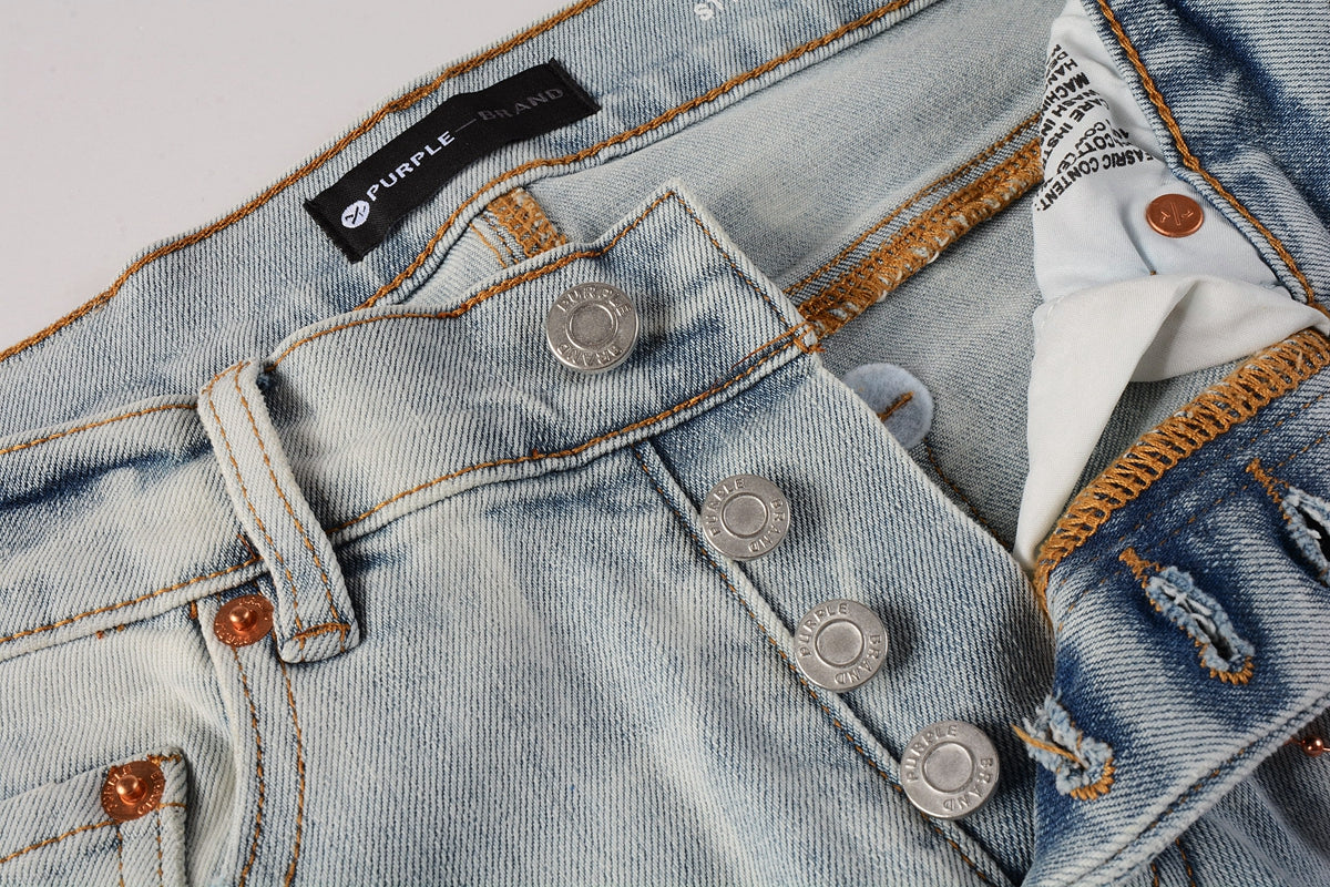 Men Streetwear Skinny Jeans Light Blue Wash with White Brushstroke Texture 7017