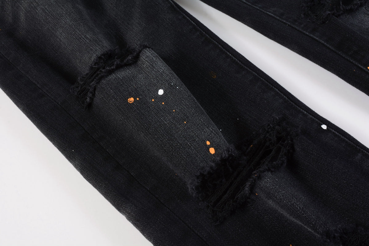 Mens Jeans - Distressed Black Denim with Knee Slit and Ripped Hole 9045