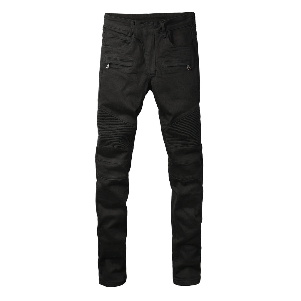 Men Streetwear Biker Skinny Jeans Black with Knee Pleats and Zipper Pockets 0964