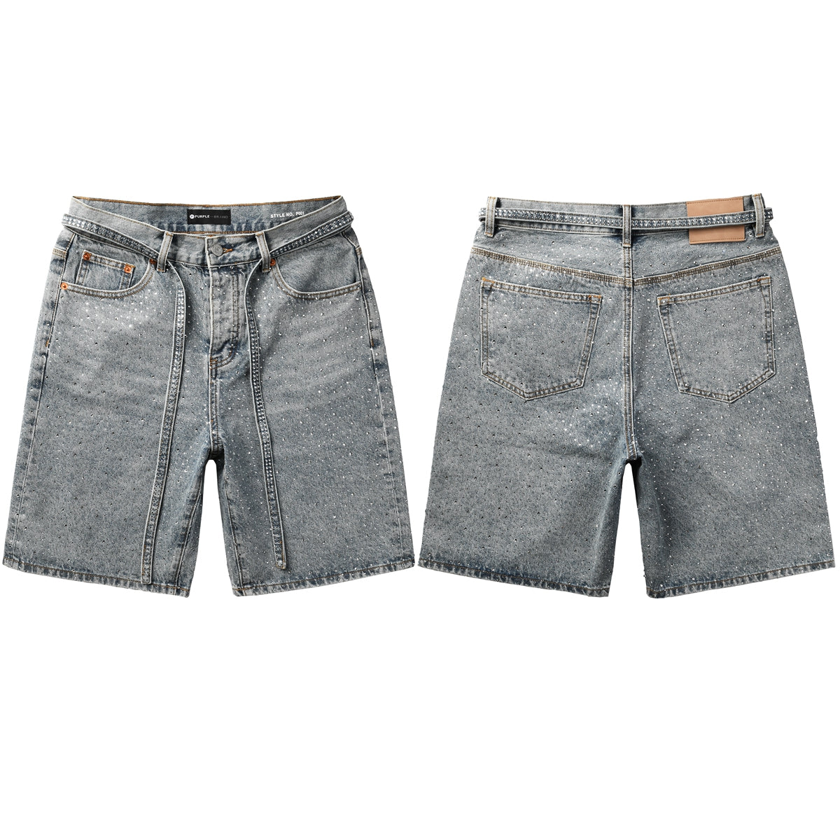 Men Streetwear Straight Denim Shorts Grey Wash with Rhinestone Speckles and Seam Accents 5096