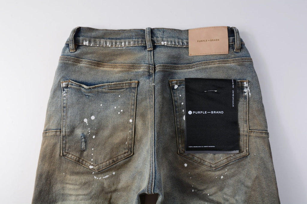 Men Streetwear Denim Shorts Brownish Wash with White Paint Splashes and Distressed Raw Hem 5012