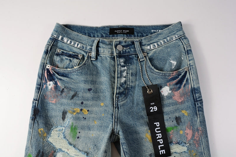 Men Streetwear Skinny Jeans Light Blue Wash with Multi-Color Paint Splatter and Distressed Rips 9072