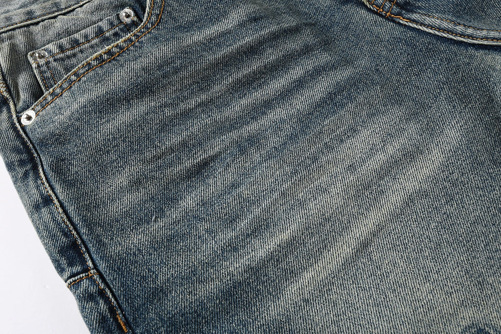 Men Vintage Streetwear Straight Jeans Blue Washed with Whisker Fade and Contrast Panels PU9120