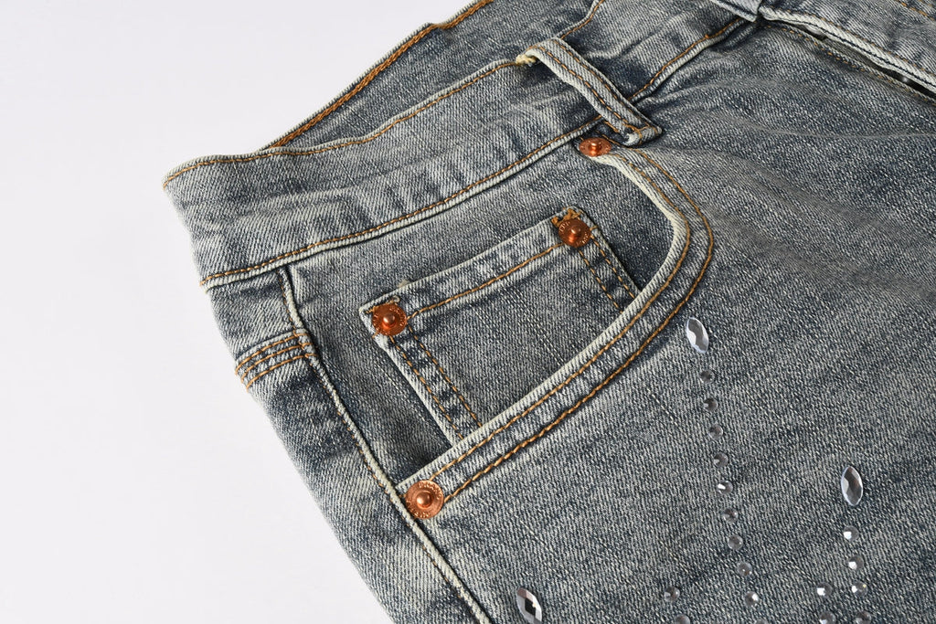 Men Streetwear Light Blue Denim Shorts with Radial White Rhinestone Designs 5093
