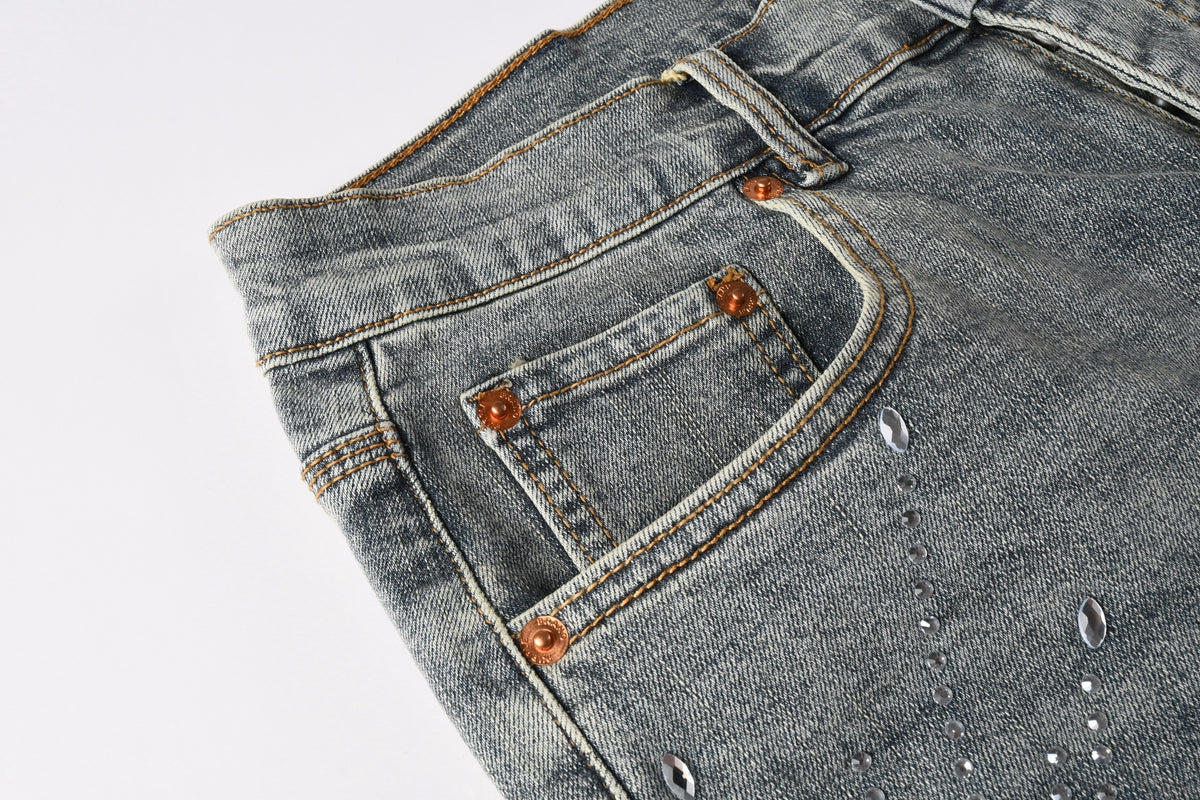 Men Streetwear Light Blue Denim Shorts with Radial White Rhinestone Designs 5093