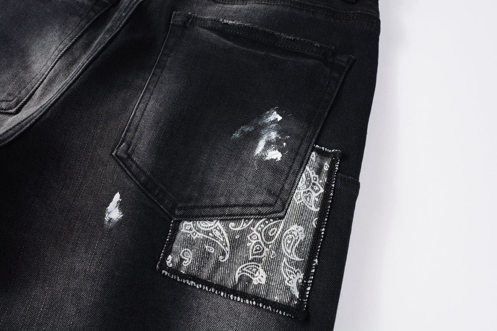 Men Streetwear Jeans Distressed Black Paint Splash Patch Ripped skinny 9099