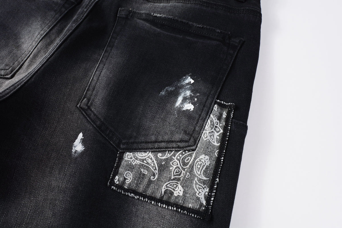 Men Streetwear Jeans Distressed Black Paint Splash Patch Ripped skinny 9099