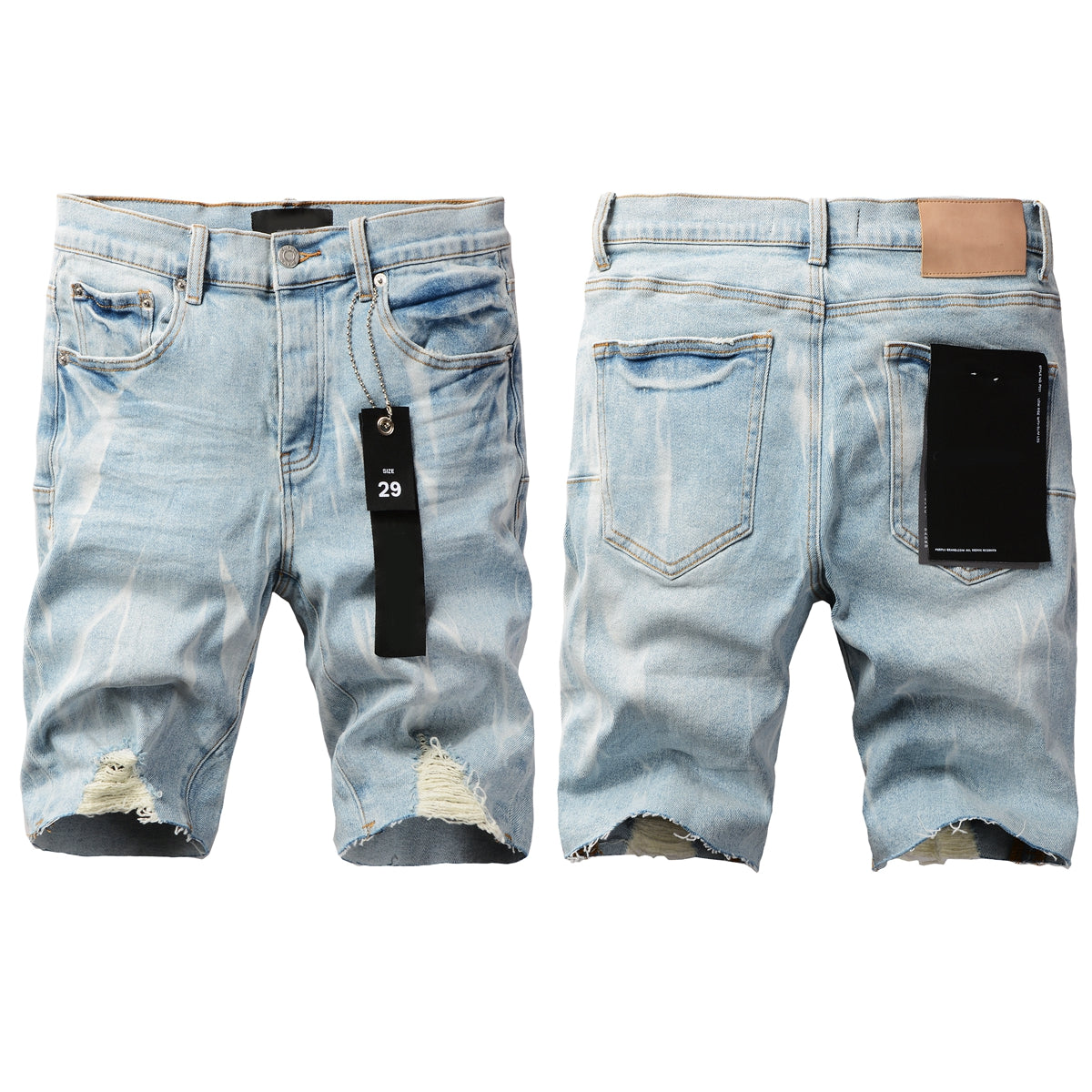 Men Streetwear Denim Shorts Light Blue Wash with White Distressed Patches and Raw Hem 5069