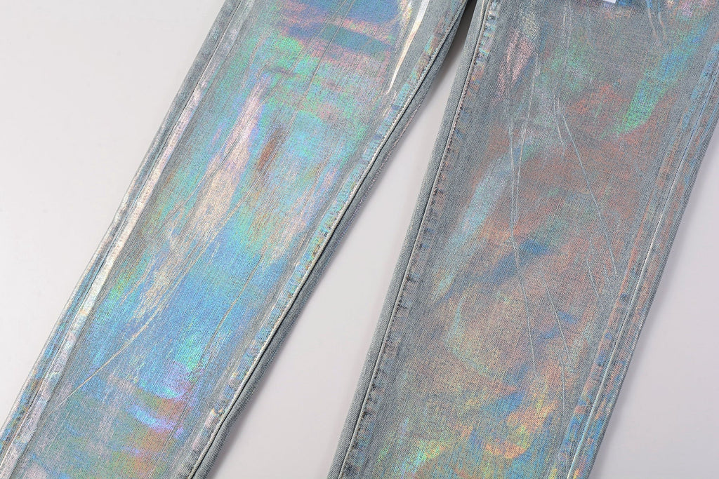 Men Streetwear Skinny Jeans Light Blue Wash with Holographic Iridescent Finish 9005