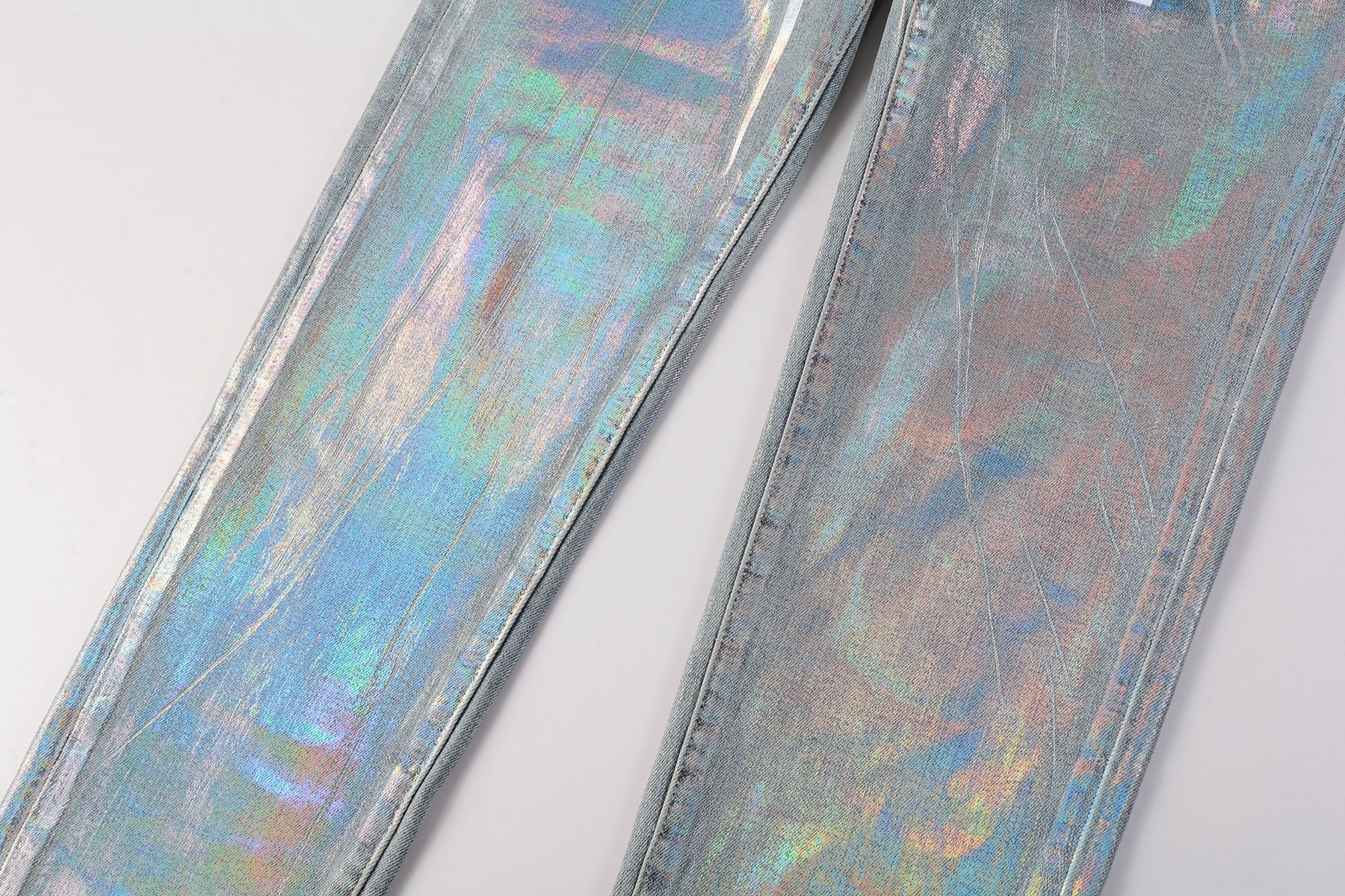 Men Streetwear Skinny Jeans Light Blue Wash with Holographic Iridescent Finish 9005