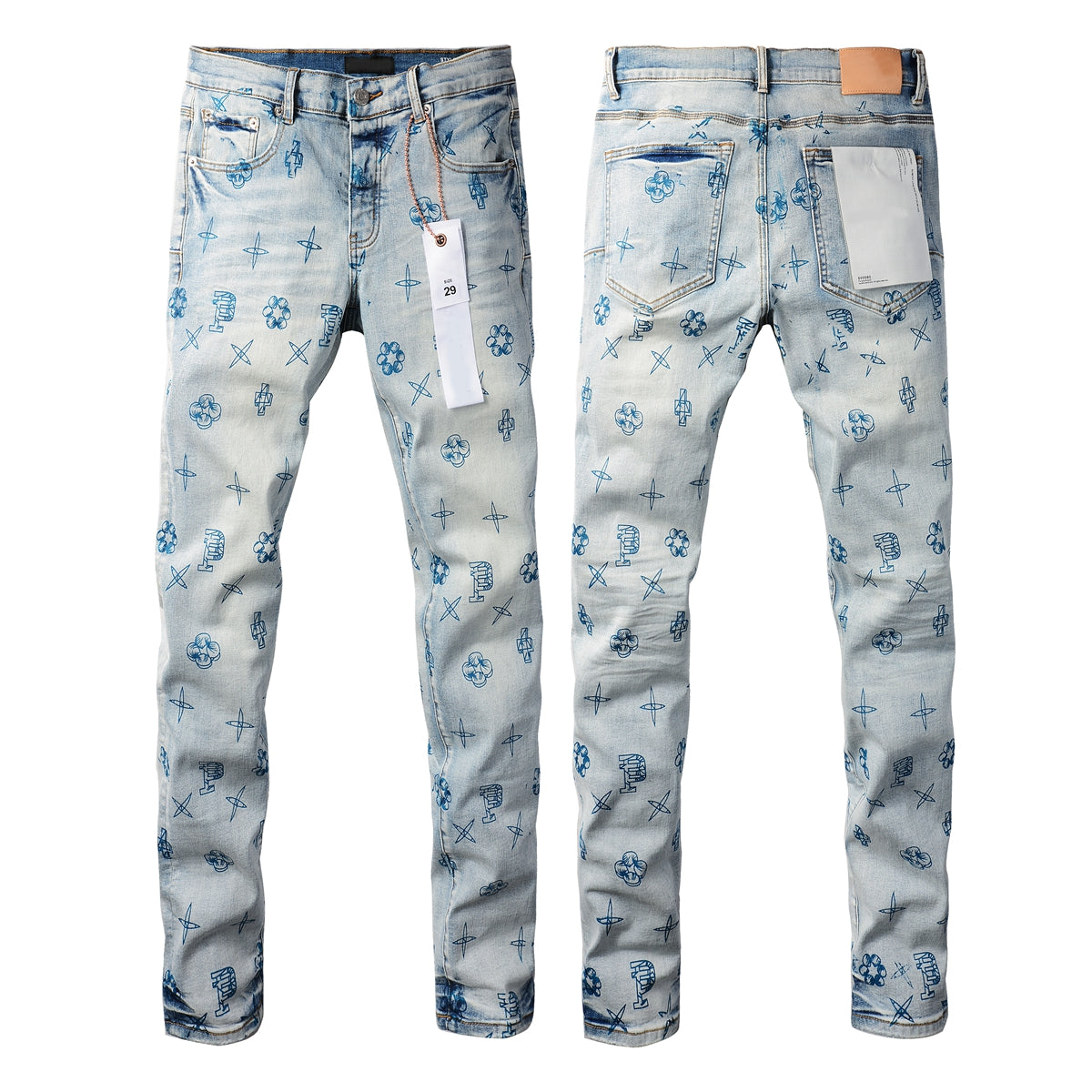 Men Streetwear Skinny Jeans Light Blue Wash with White Paint Brush Strokes 9063