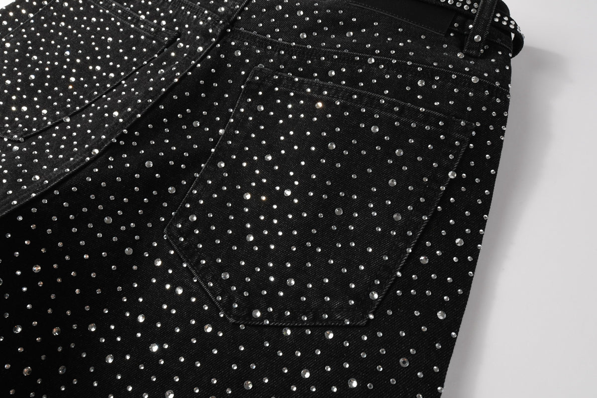 Men Streetwear Black Denim Shorts with Allover Rhinestone Studs and Zipper Details 5095