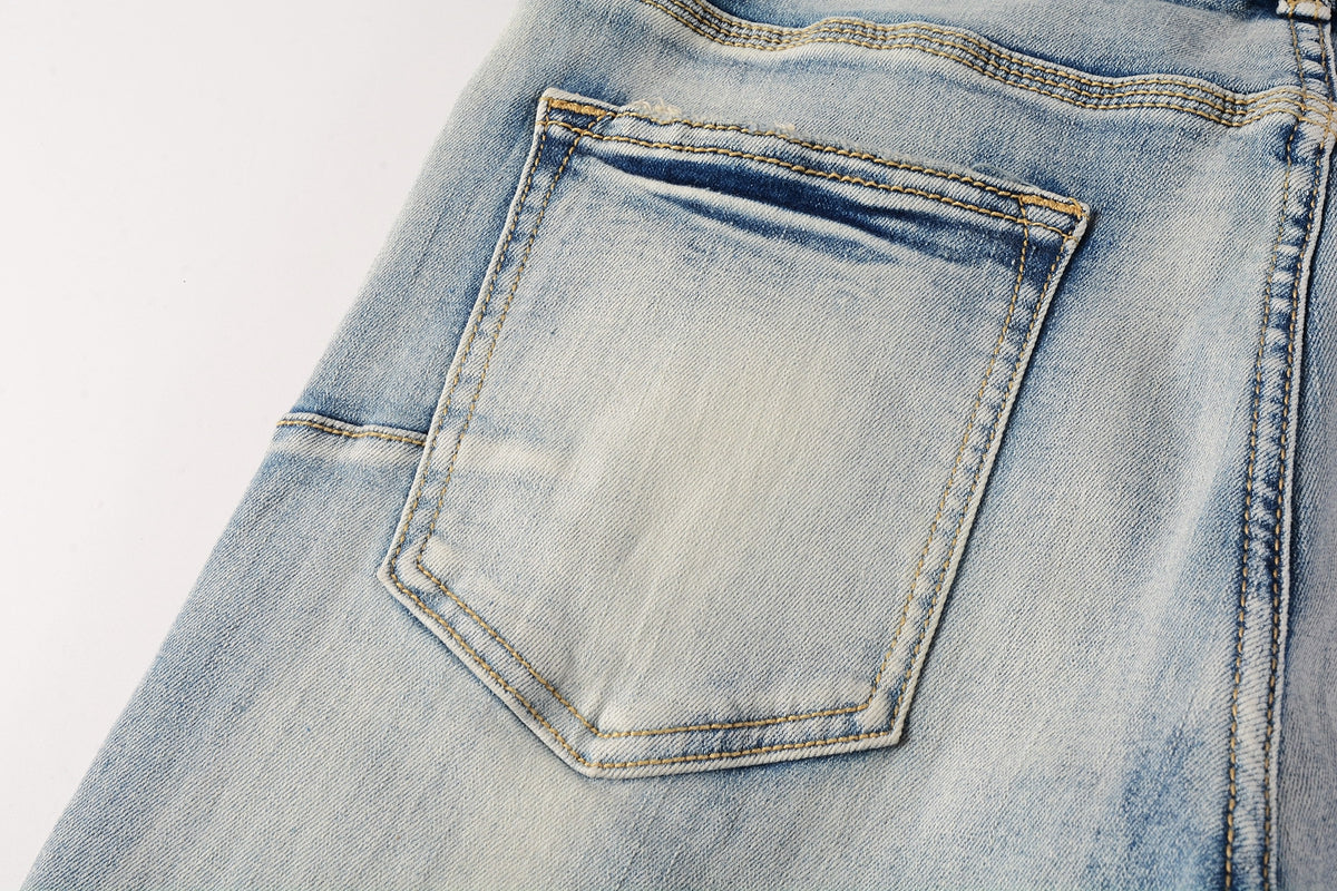 Men Streetwear Skinny Jeans Light Blue Wash with Heavy Distressed Rips 9050