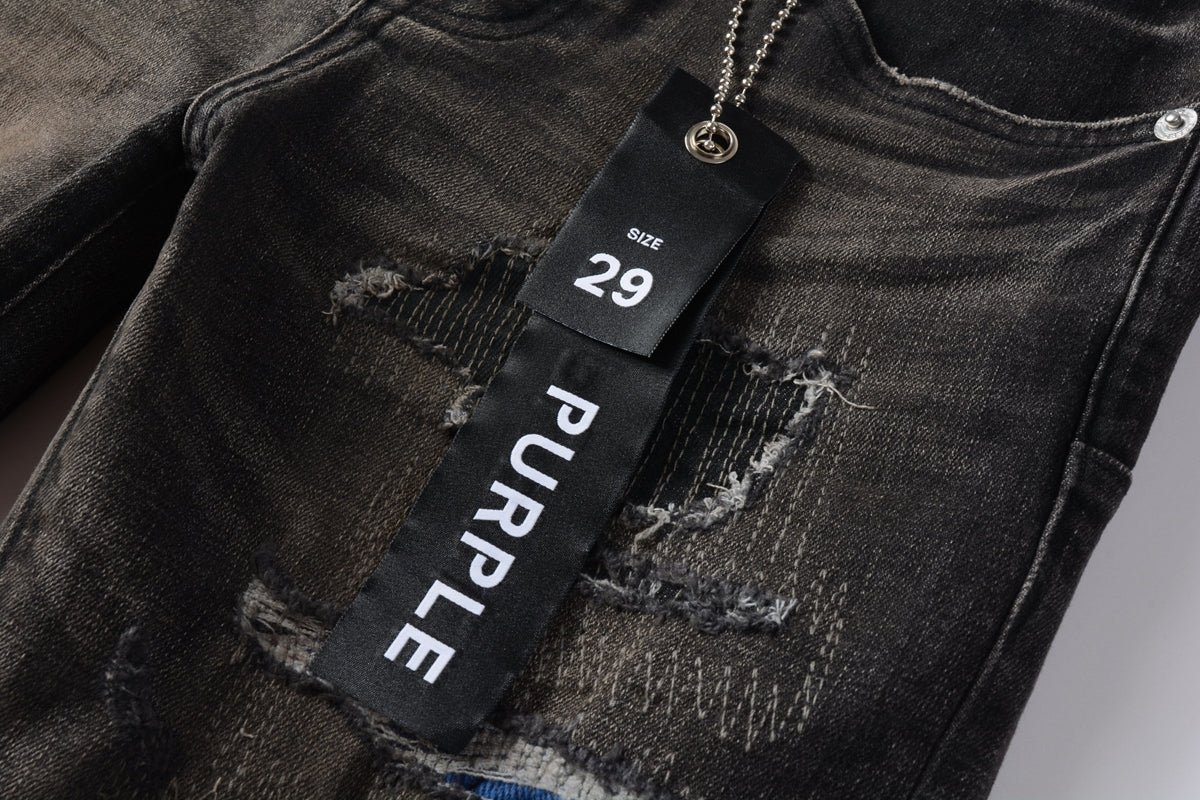 Men Streetwear Skinny Jeans Dark Gray Wash with Multi - Color Patched Distressed Details 9080