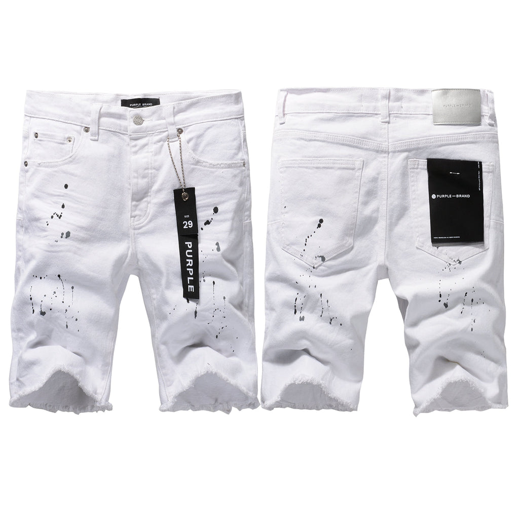 Men Streetwear Denim Shorts White Wash with Black Paint Splatter Print and Raw Hem 5021