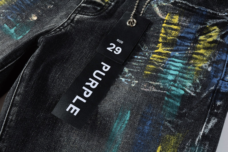 Men Streetwear Skinny Jeans Black Wash with Colorful Graffiti Paint Splash 9078