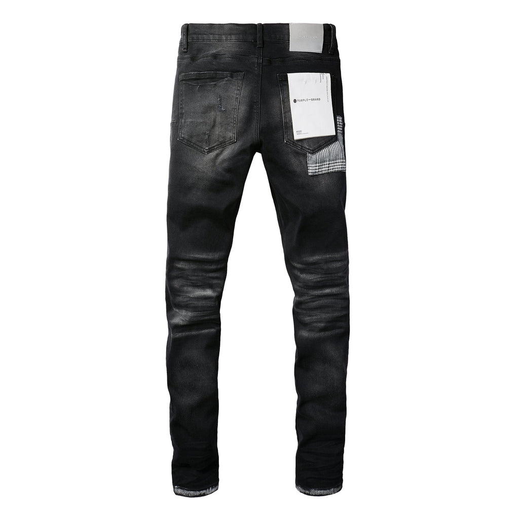 Men Streetwear Skinny Jeans Black Wash with Distressed Rips, Checkered Patches and White Paint Splatter 9001