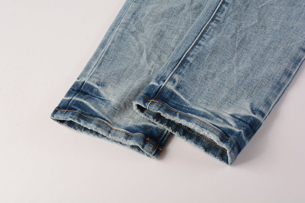 Men Streetwear Skinny Jeans Light Blue Wash with Faded Gradient Finish 9016