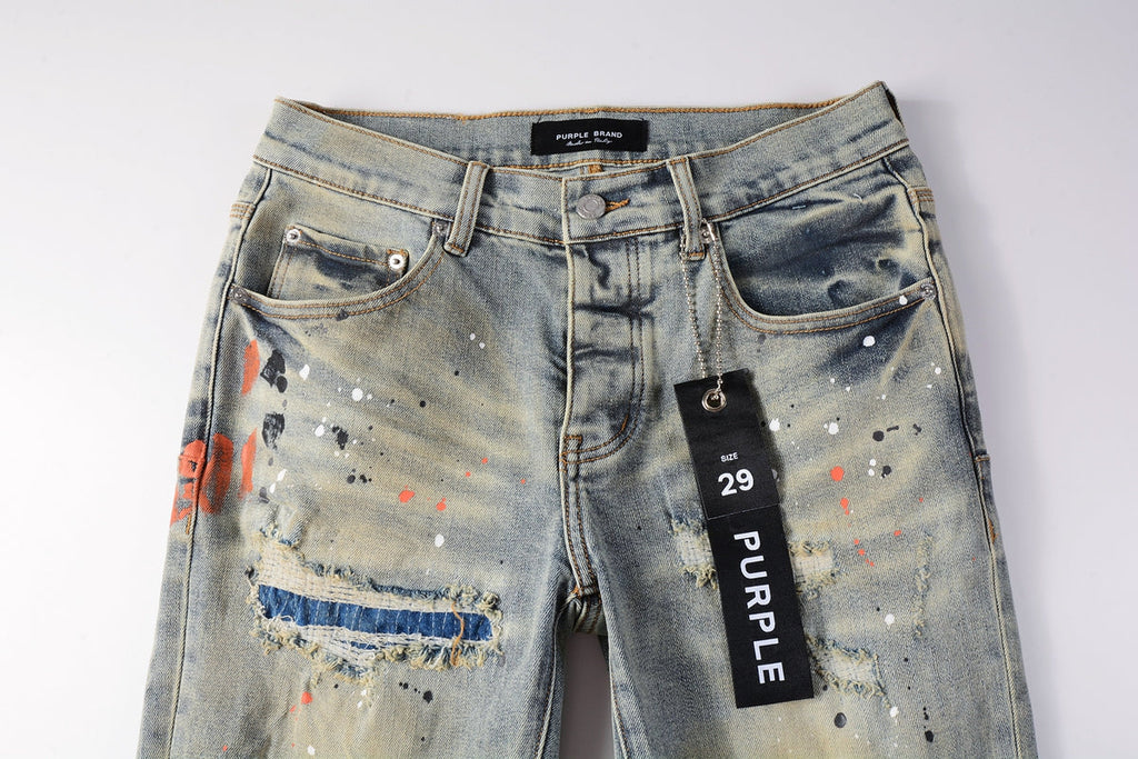 Men Streetwear Skinny Jeans Light Gray Wash with Multi-Color Paint Splatter and Distressed Patches 9071