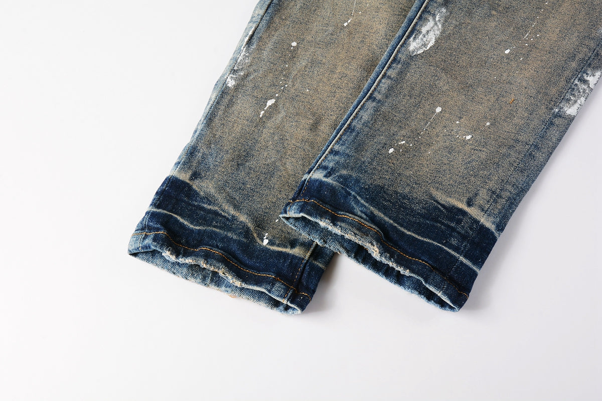 Men Streetwear Skinny Jeans Light Blue Wash with Distressed Rips and White Paint Splatter 9012