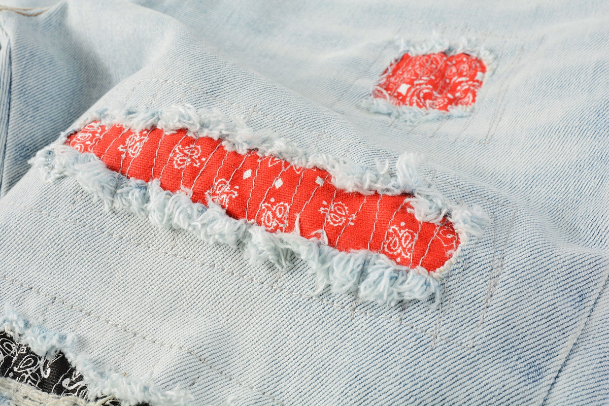 Men Streetwear Denim Shorts Light Blue Wash with Colorful Patched Rips and Raw Hem 5067